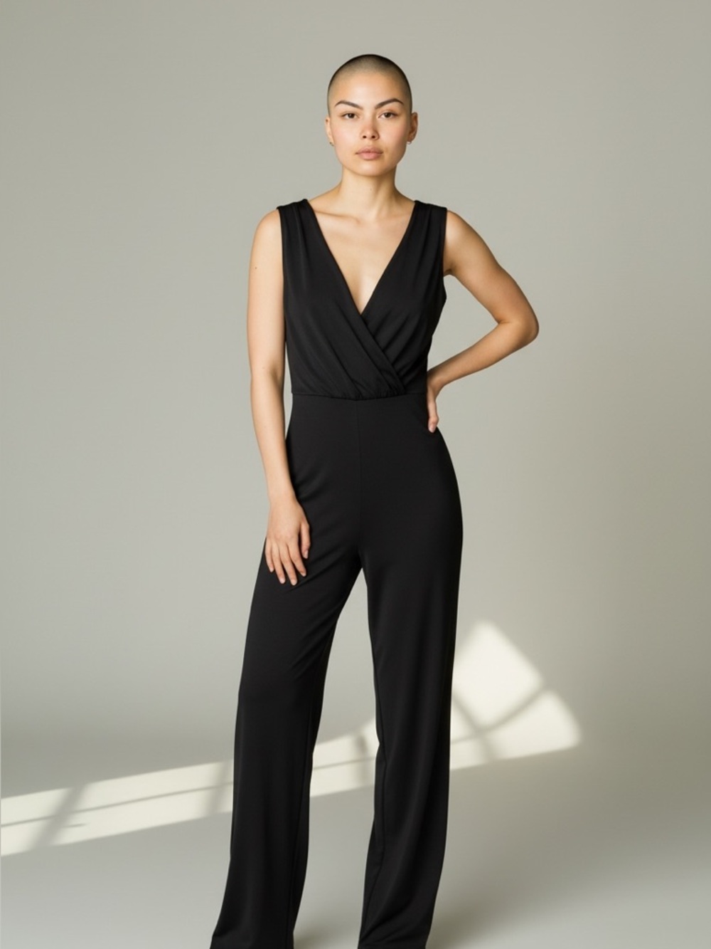 NY Collection Women’s Black V-Neck Stretch Wide Straight Leg Belted Jumpsuit PS